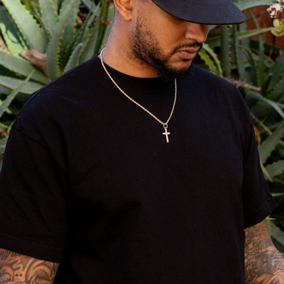 Elegant Small Iced Cz 14K Yellow Gold Hip Hop Cross Pendant Rope Chain Necklace - Picture 3 of 6